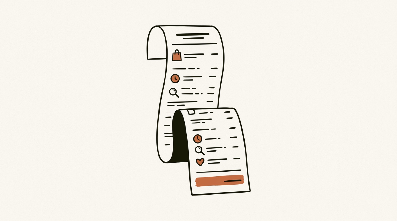 A warm editorial illustration of a long receipt unspooling, its line items shown as small icons — a shopping bag, a clock, a magnifying glass, a heart — with a highlighted total at the bottom, in cream and near-black tones