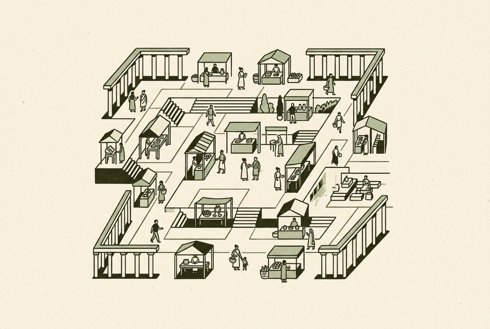 Illustration of an ordered marketplace of connected stalls and walkways with people browsing between them