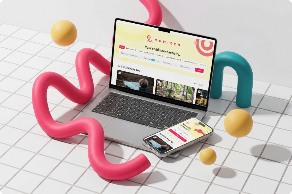 The Momizen listing platform shown full-bleed — activity discovery for parents, filtered by age, interest and location.